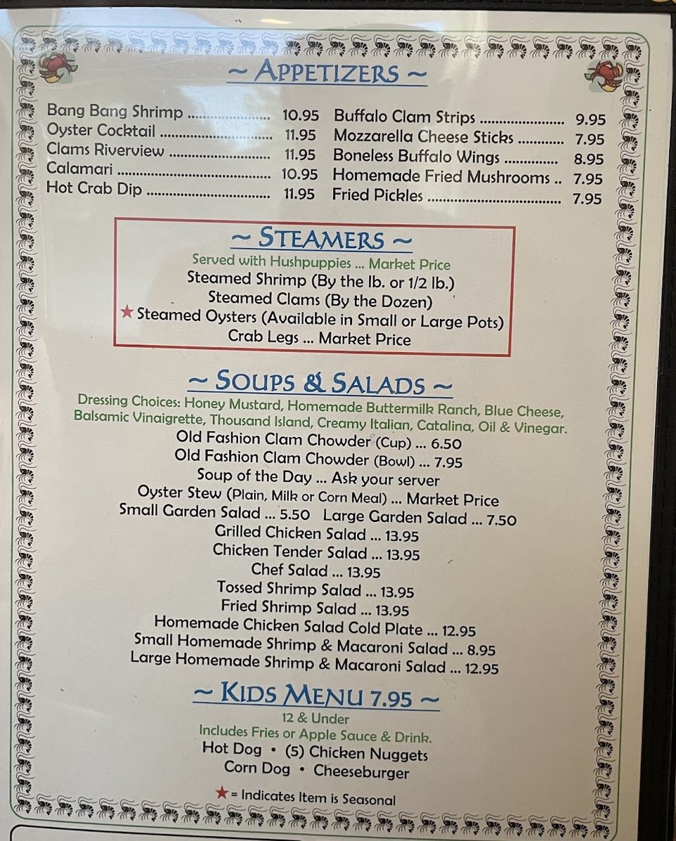 Seafood menu with crab cakes and shrimp.